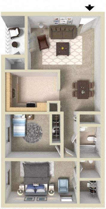 Floor plan for 2 beds, 1 bath, 950 sqft